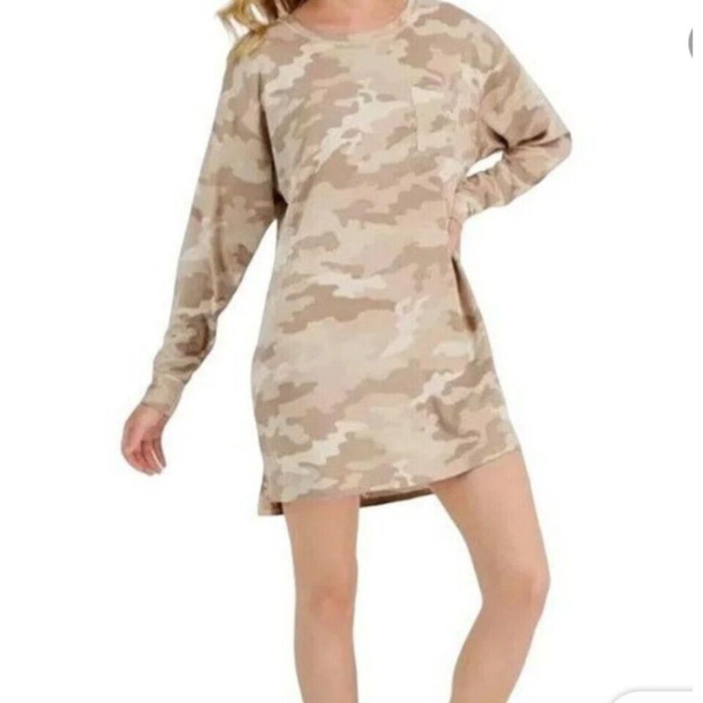 Jenni Sleep Shirt Women XS Toffee Candy Camo Long Sleeves Round Neck Nightgown